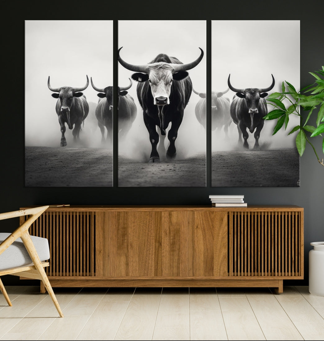 Texas Bighorn Cow Animal Wall Art Canvas Print, Longhorn Cow Large Wall Art