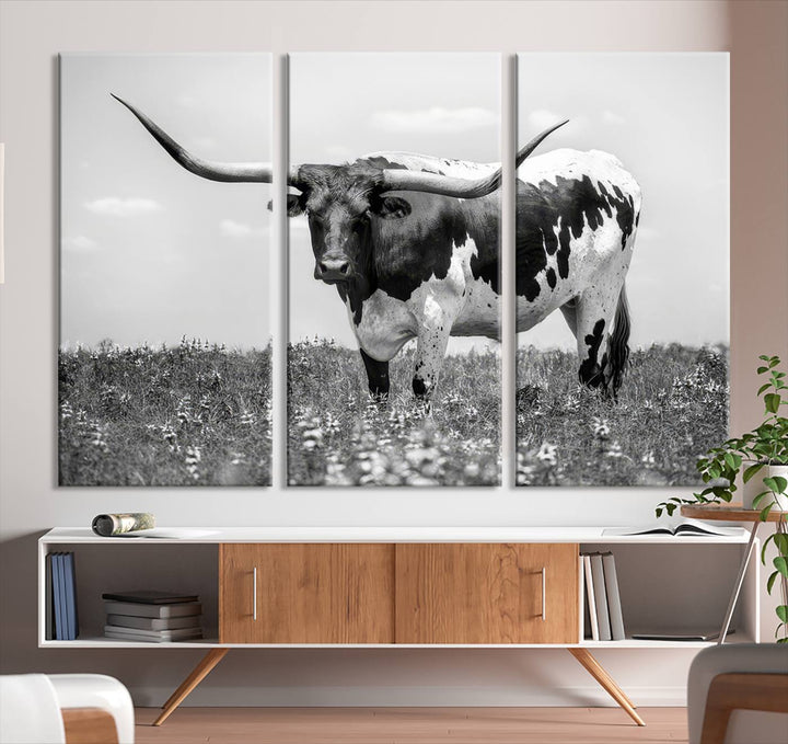 Texas Black White Highland Longhorn Cow Wall Art Canvas Print