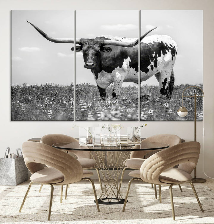 Texas Black White Highland Longhorn Cow Wall Art Canvas Print