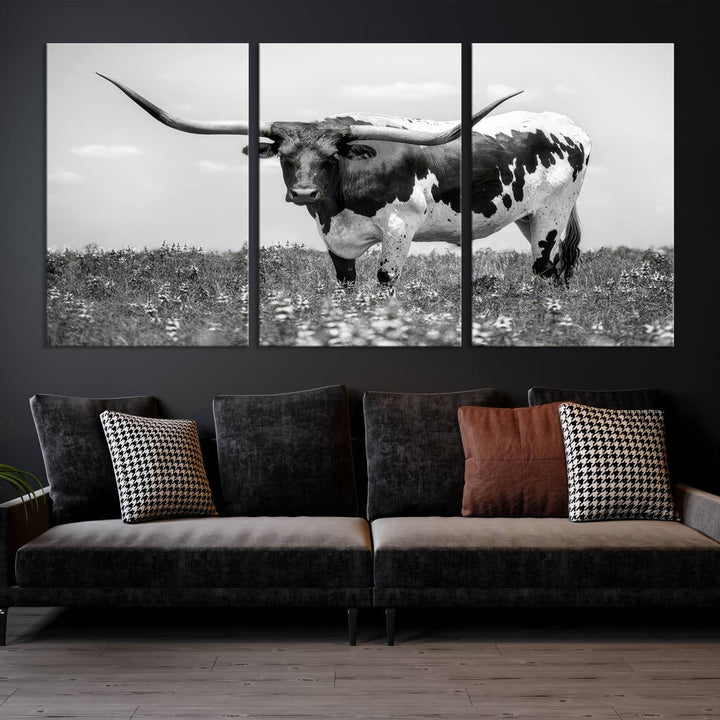 Texas Black White Highland Longhorn Cow Wall Art Canvas Print