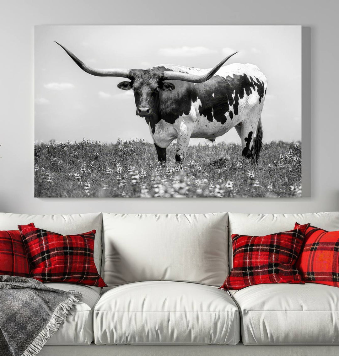 Texas Black White Highland Longhorn Cow Wall Art Canvas Print