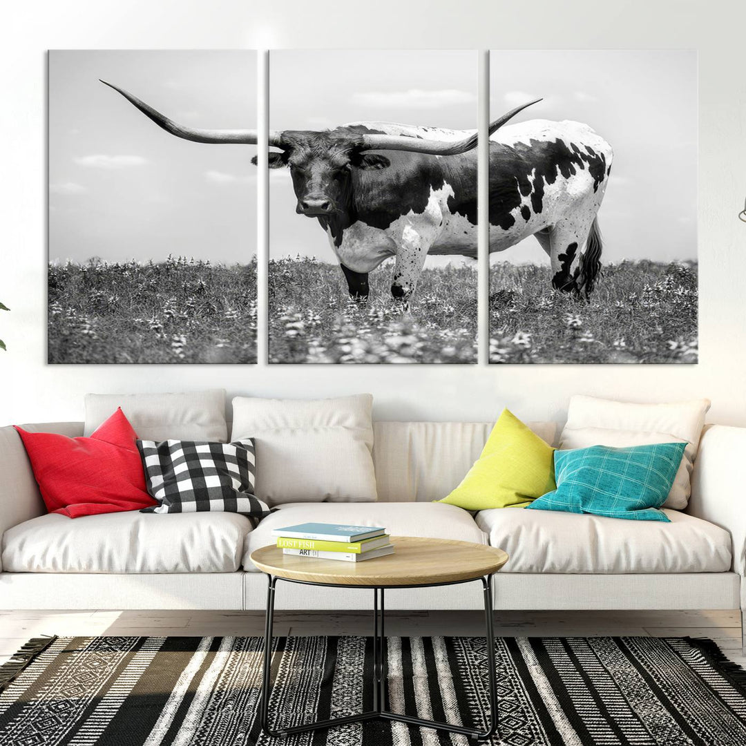 Texas Black White Highland Longhorn Cow Wall Art Canvas Print