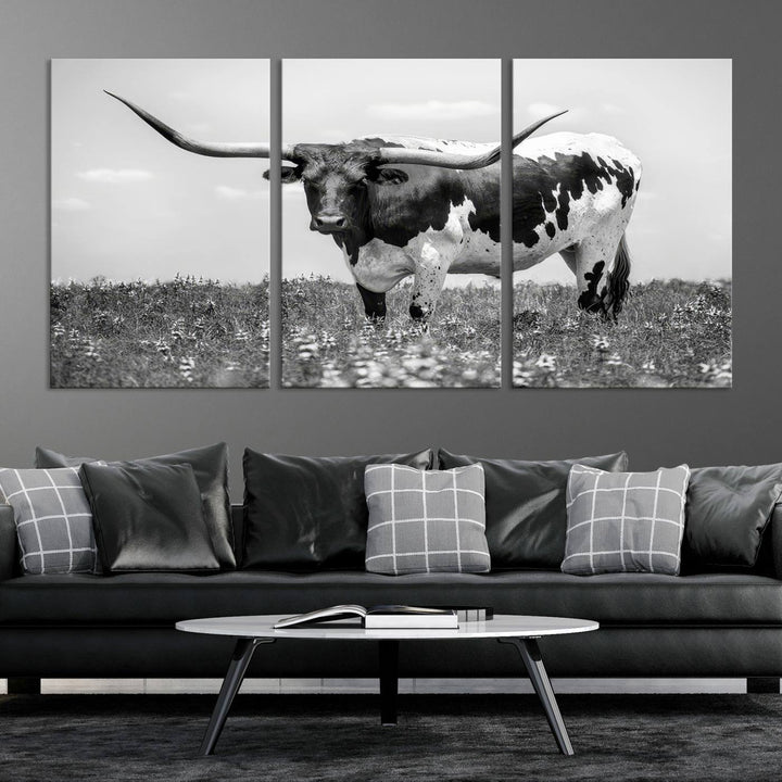 Texas Black White Highland Longhorn Cow Wall Art Canvas Print