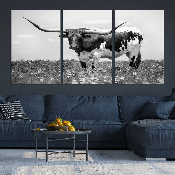 Texas Black White Highland Longhorn Cow Wall Art Canvas Print