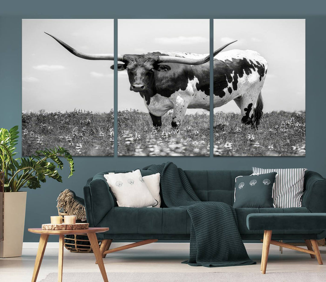 Texas Black White Highland Longhorn Cow Wall Art Canvas Print