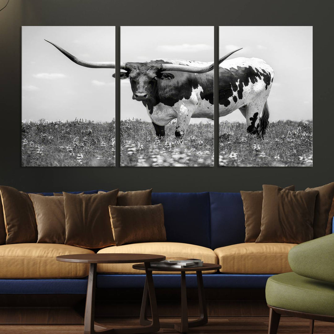 Texas Black White Highland Longhorn Cow Wall Art Canvas Print