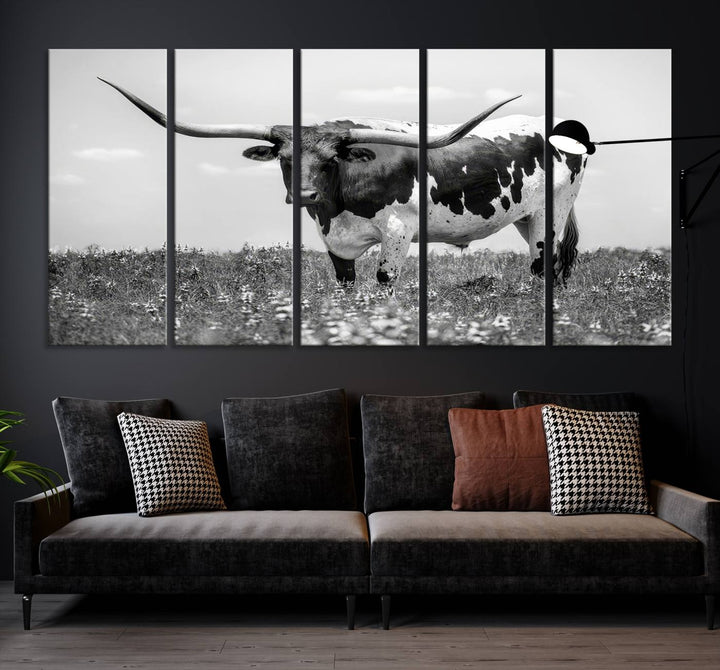 Texas Black White Highland Longhorn Cow Wall Art Canvas Print