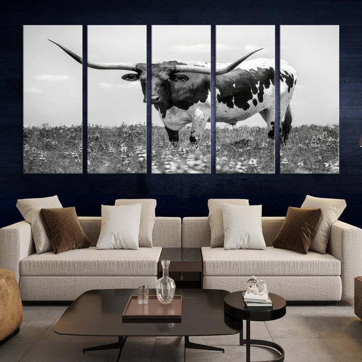 Texas Black White Highland Longhorn Cow Wall Art Canvas Print