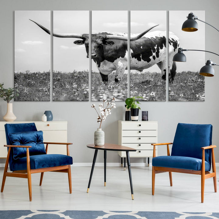 Texas Black White Highland Longhorn Cow Wall Art Canvas Print