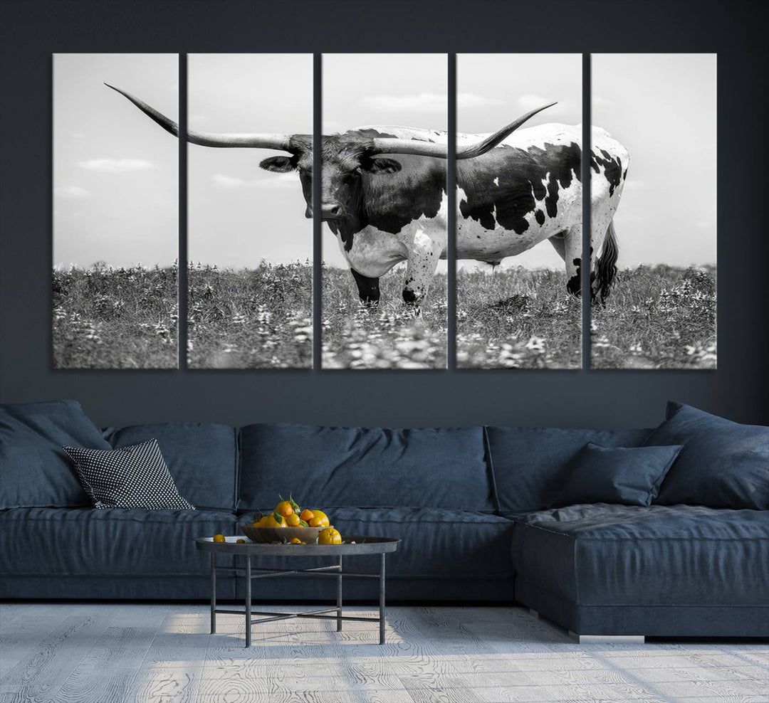 Texas Black White Highland Longhorn Cow Wall Art Canvas Print