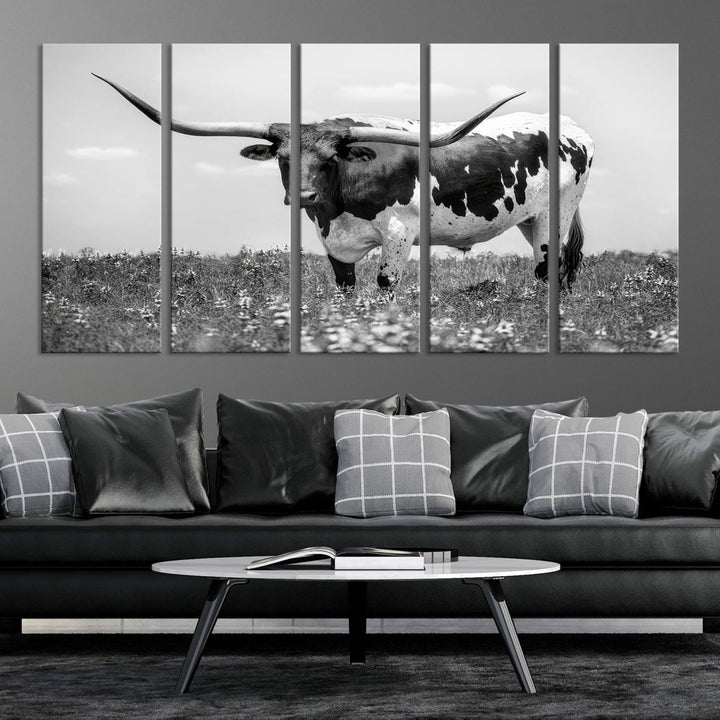 Texas Black White Highland Longhorn Cow Wall Art Canvas Print