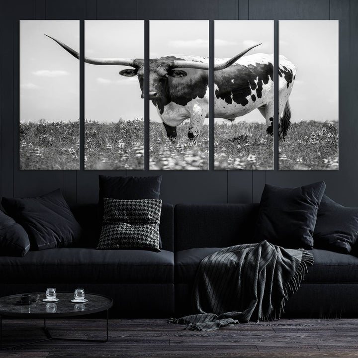 Texas Black White Highland Longhorn Cow Wall Art Canvas Print