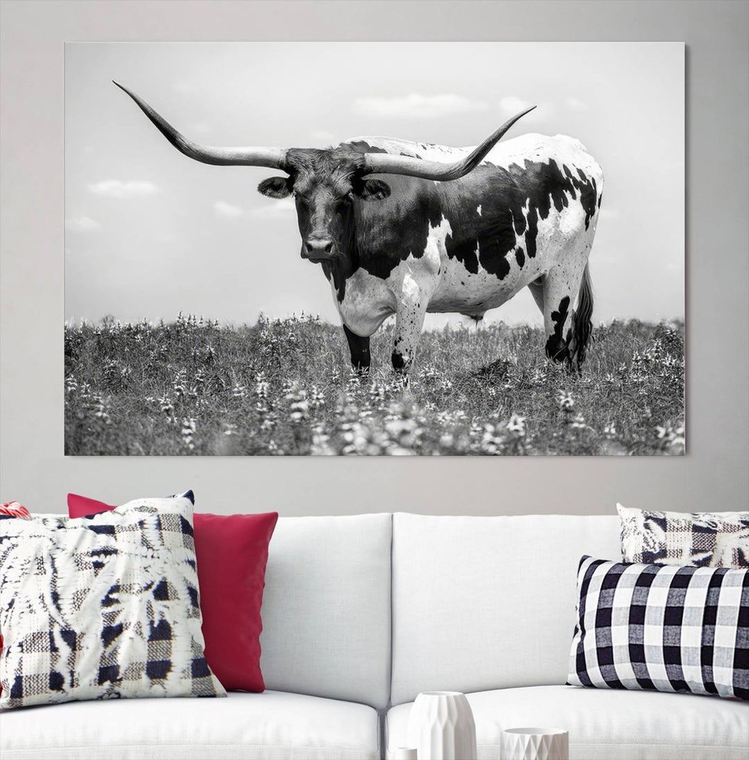 Texas Black White Highland Longhorn Cow Wall Art Canvas Print