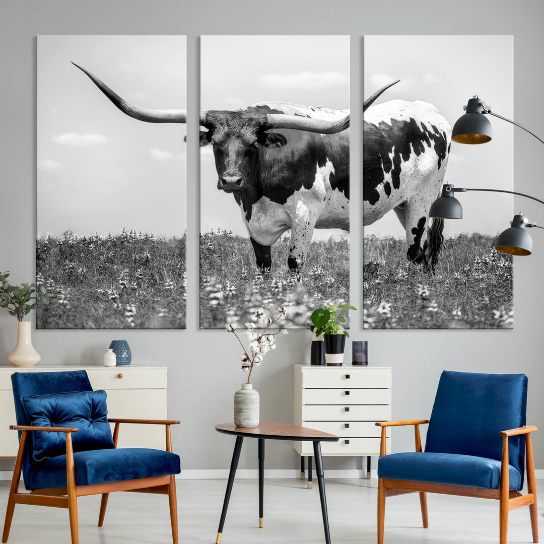 Texas Black White Highland Longhorn Cow Wall Art Canvas Print