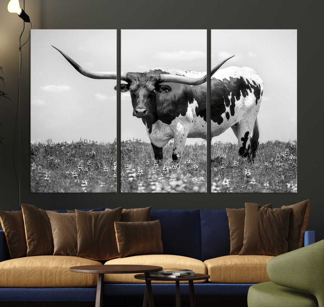 Texas Black White Highland Longhorn Cow Wall Art Canvas Print