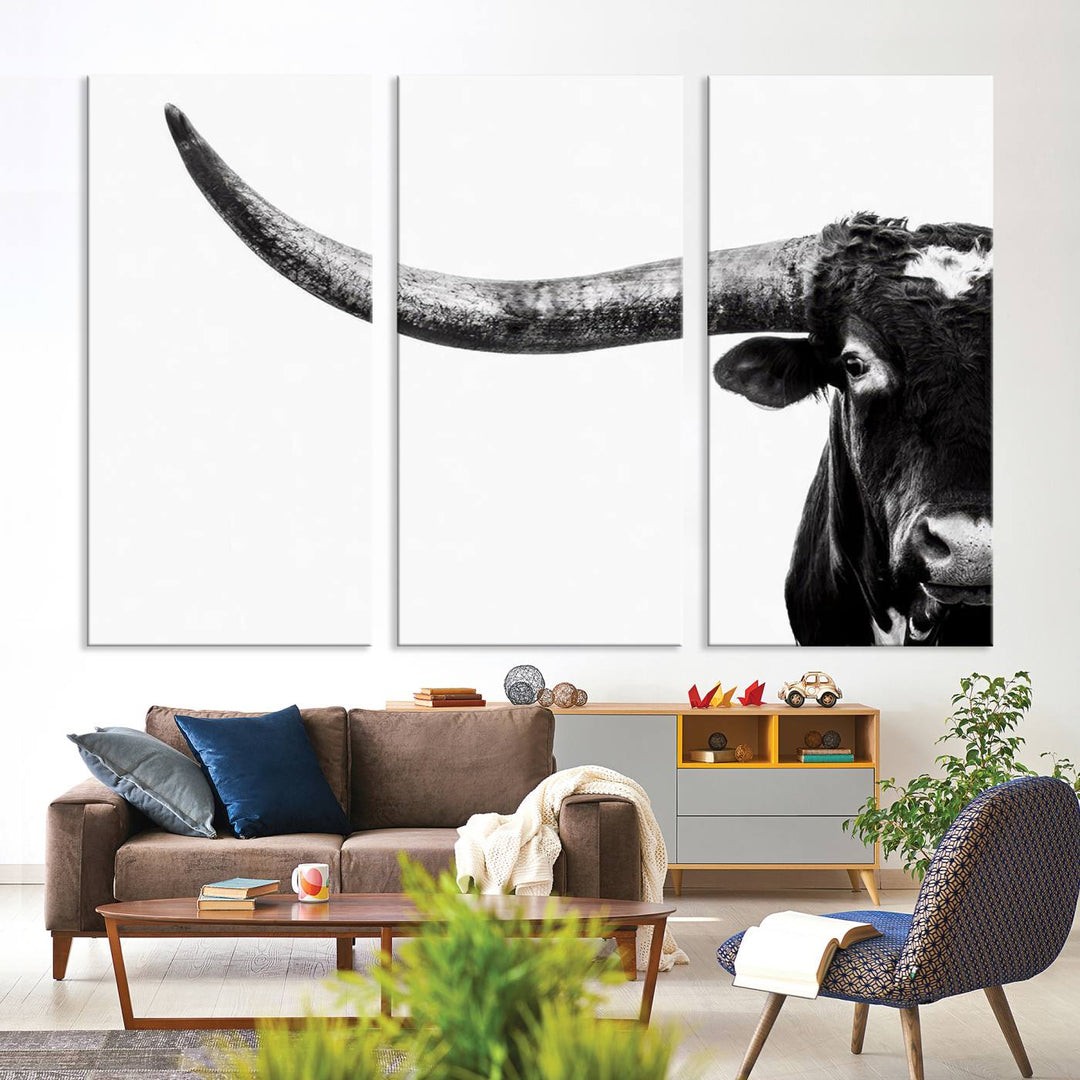 Texas Cow Longhorn Canvas Wall Art Print - Large Cow Longhorn Bull Wall Art Print for Living Room, Western Decor, and Rustic Farmhouse Style