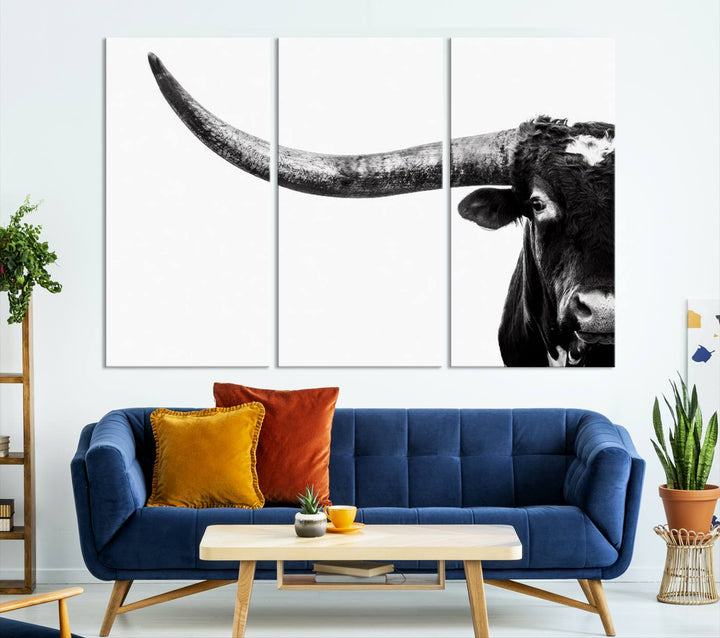 Texas Cow Longhorn Canvas Wall Art Print - Large Cow Longhorn Bull Wall Art Print for Living Room, Western Decor, and Rustic Farmhouse Style