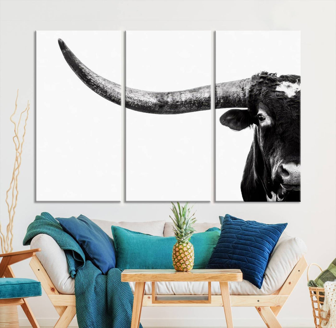 Texas Cow Longhorn Canvas Wall Art Print - Large Cow Longhorn Bull Wall Art Print for Living Room, Western Decor, and Rustic Farmhouse Style