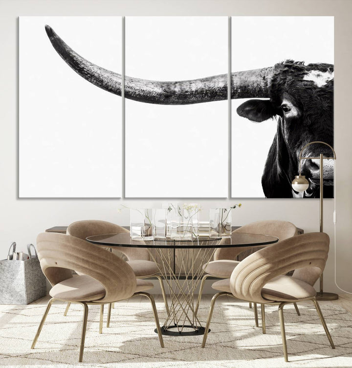 Texas Cow Longhorn Canvas Wall Art Print - Large Cow Longhorn Bull Wall Art Print for Living Room, Western Decor, and Rustic Farmhouse Style