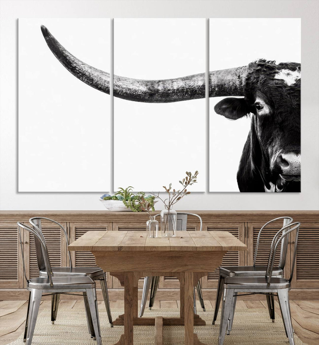 Texas Cow Longhorn Canvas Wall Art Print - Large Cow Longhorn Bull Wall Art Print for Living Room, Western Decor, and Rustic Farmhouse Style