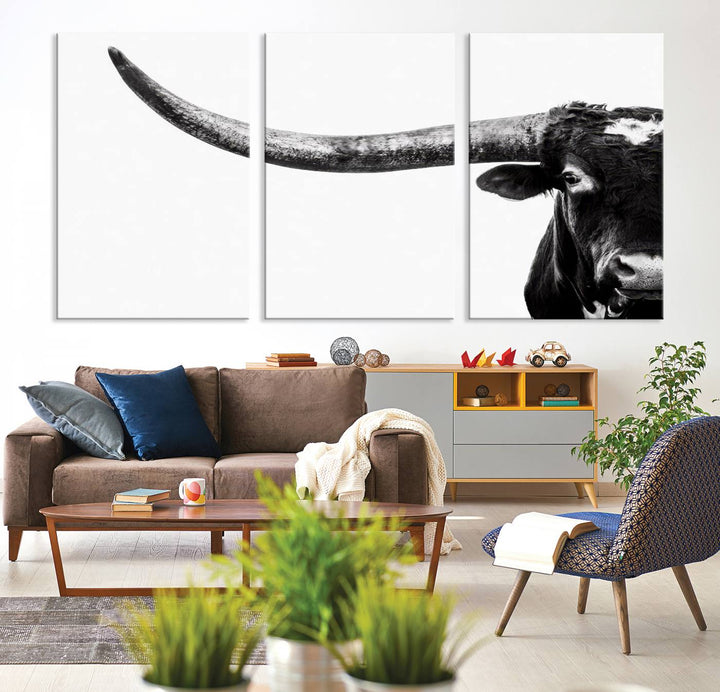 Texas Cow Longhorn Canvas Wall Art Print - Large Cow Longhorn Bull Wall Art Print for Living Room, Western Decor, and Rustic Farmhouse Style