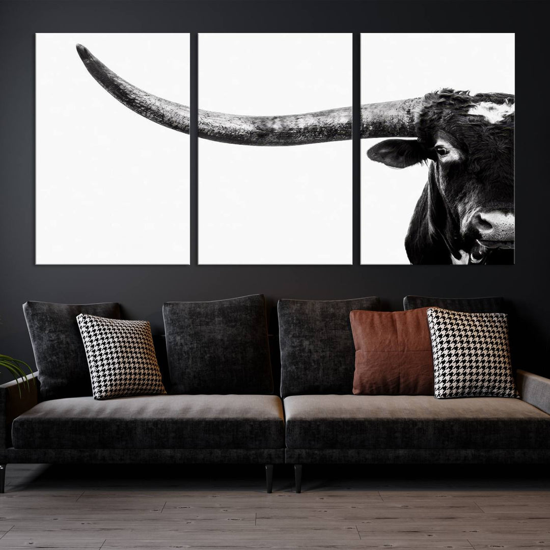 Texas Cow Longhorn Canvas Wall Art Print - Large Cow Longhorn Bull Wall Art Print for Living Room, Western Decor, and Rustic Farmhouse Style