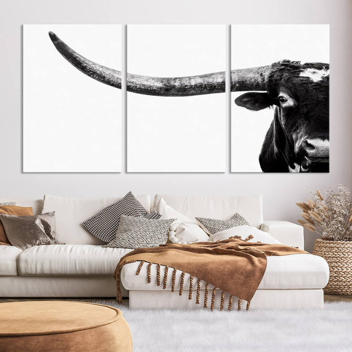 Texas Cow Longhorn Canvas Wall Art Print - Large Cow Longhorn Bull Wall Art Print for Living Room, Western Decor, and Rustic Farmhouse Style