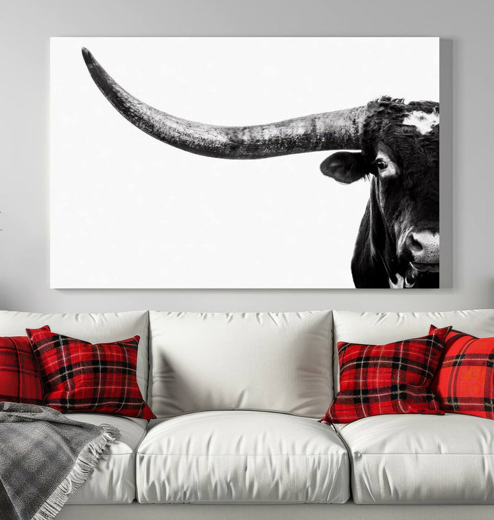 Texas Cow Longhorn Canvas Wall Art Print - Large Cow Longhorn Bull Wall Art Print for Living Room, Western Decor, and Rustic Farmhouse Style