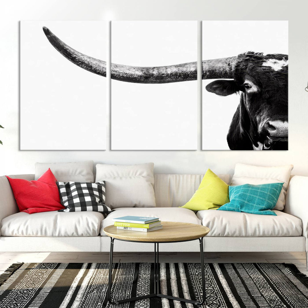 Texas Cow Longhorn Canvas Wall Art Print - Large Cow Longhorn Bull Wall Art Print for Living Room, Western Decor, and Rustic Farmhouse Style