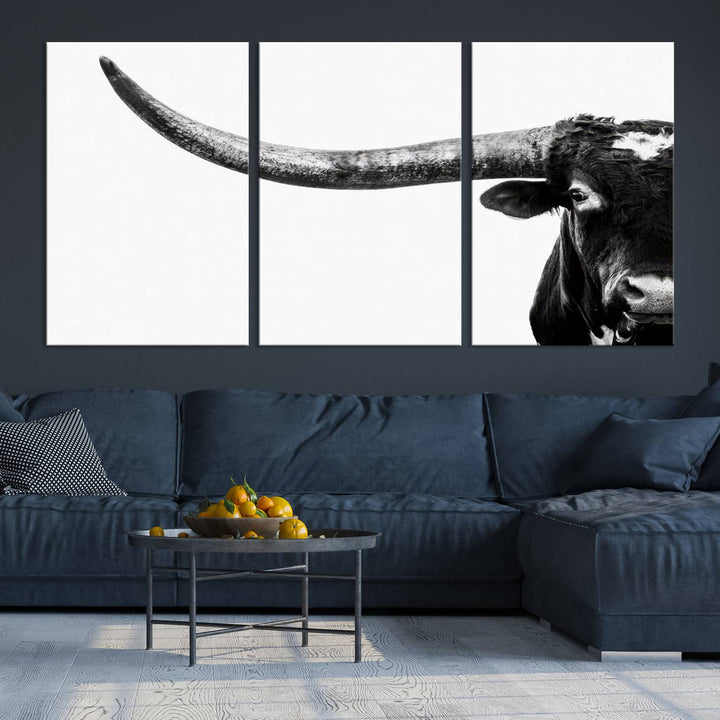 Texas Cow Longhorn Canvas Wall Art Print - Large Cow Longhorn Bull Wall Art Print for Living Room, Western Decor, and Rustic Farmhouse Style