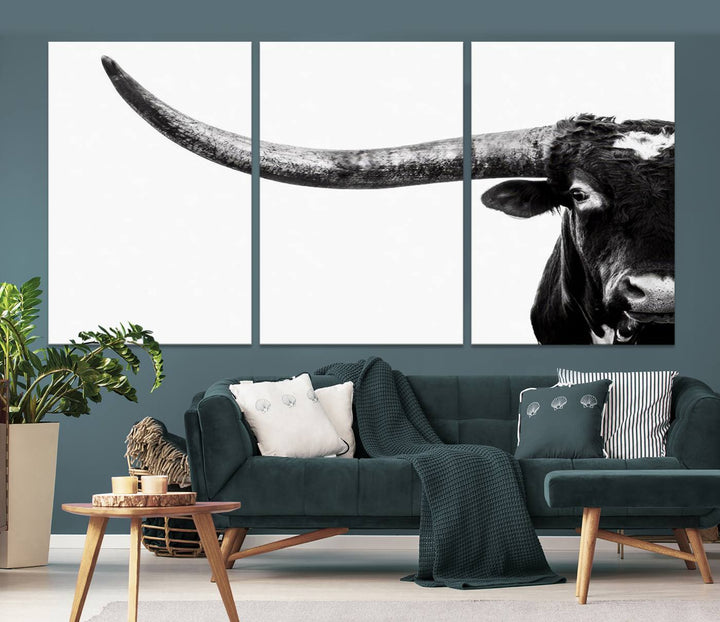 Texas Cow Longhorn Canvas Wall Art Print - Large Cow Longhorn Bull Wall Art Print for Living Room, Western Decor, and Rustic Farmhouse Style