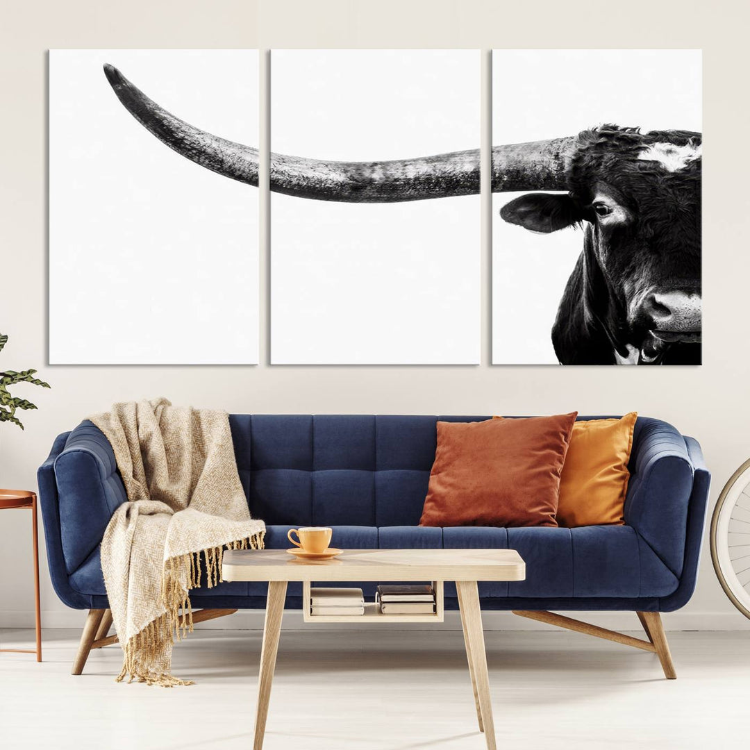 Texas Cow Longhorn Canvas Wall Art Print - Large Cow Longhorn Bull Wall Art Print for Living Room, Western Decor, and Rustic Farmhouse Style