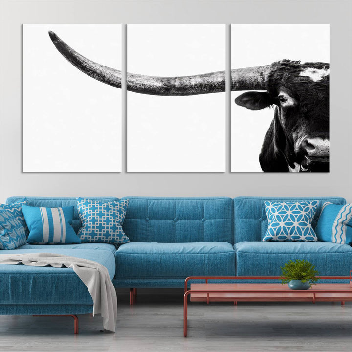 Texas Cow Longhorn Canvas Wall Art Print - Large Cow Longhorn Bull Wall Art Print for Living Room, Western Decor, and Rustic Farmhouse Style