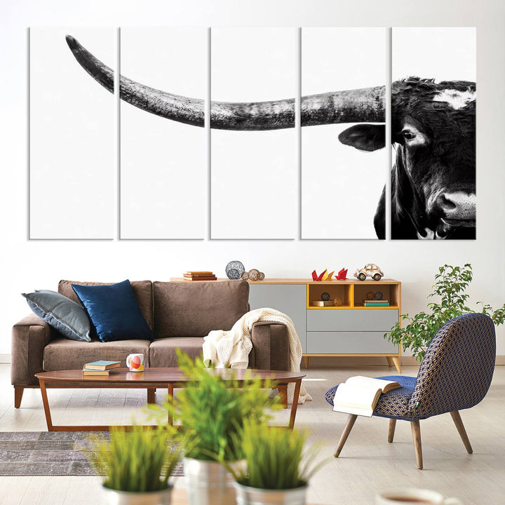 Texas Cow Longhorn Canvas Wall Art Print - Large Cow Longhorn Bull Wall Art Print for Living Room, Western Decor, and Rustic Farmhouse Style