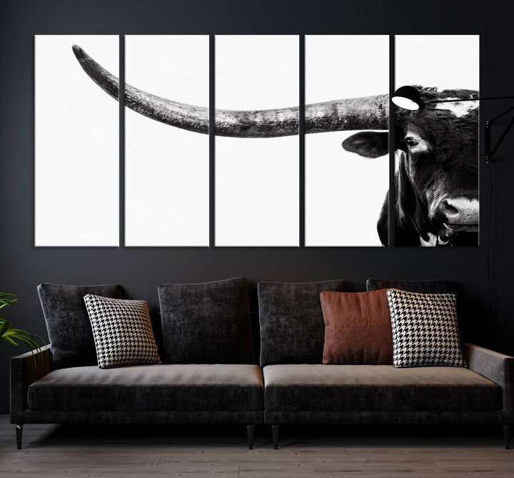 Texas Cow Longhorn Canvas Wall Art Print - Large Cow Longhorn Bull Wall Art Print for Living Room, Western Decor, and Rustic Farmhouse Style