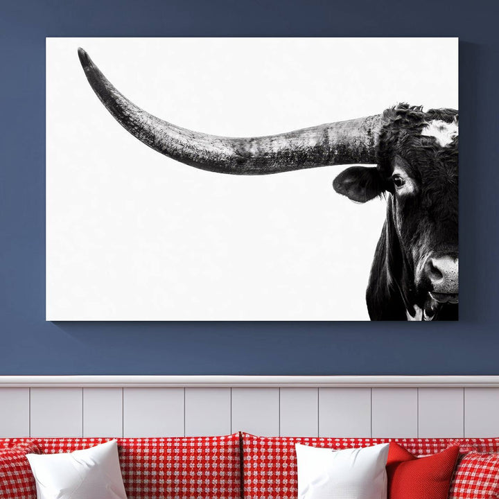 Texas Cow Longhorn Canvas Wall Art Print - Large Cow Longhorn Bull Wall Art Print for Living Room, Western Decor, and Rustic Farmhouse Style