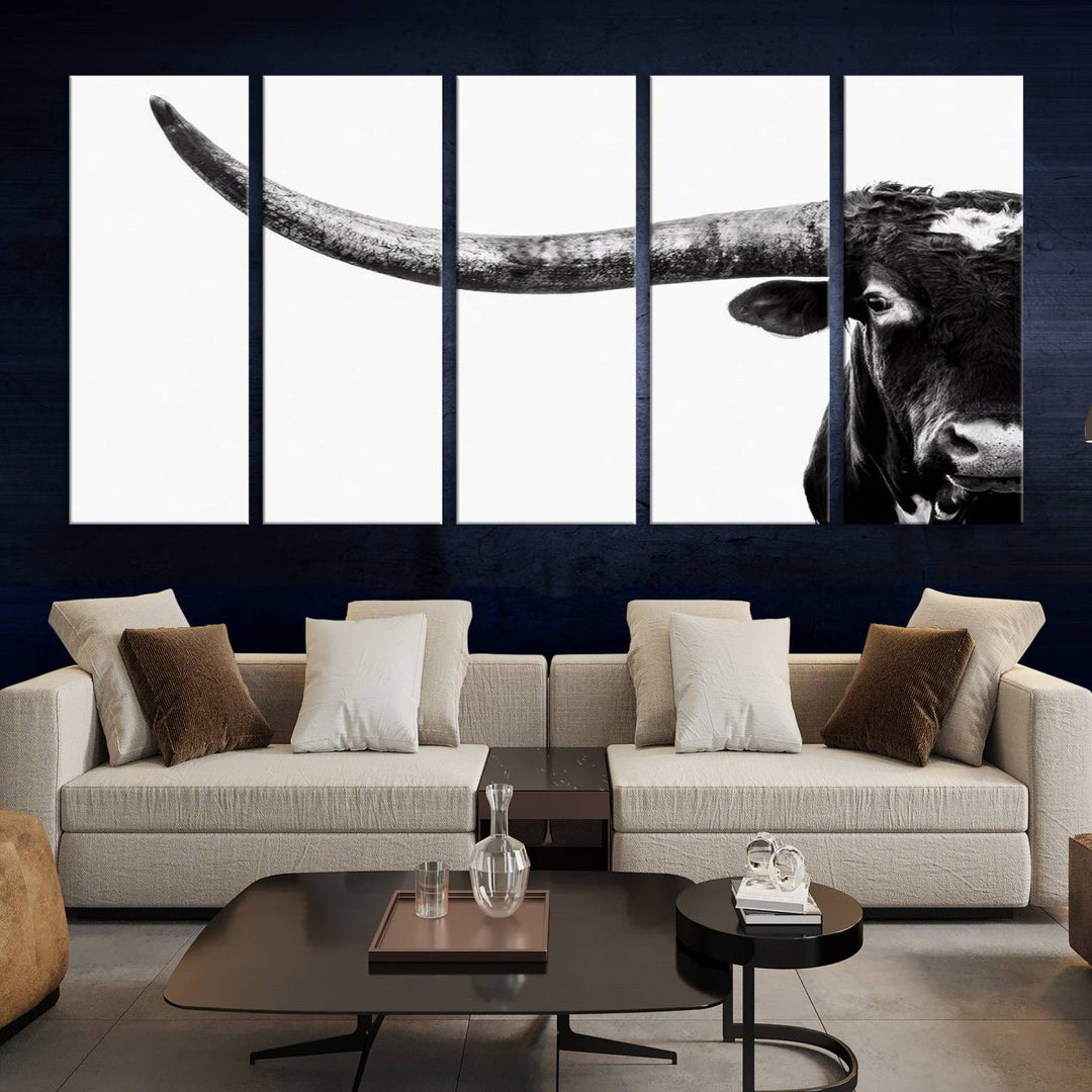 Texas Cow Longhorn Canvas Wall Art Print - Large Cow Longhorn Bull Wall Art Print for Living Room, Western Decor, and Rustic Farmhouse Style