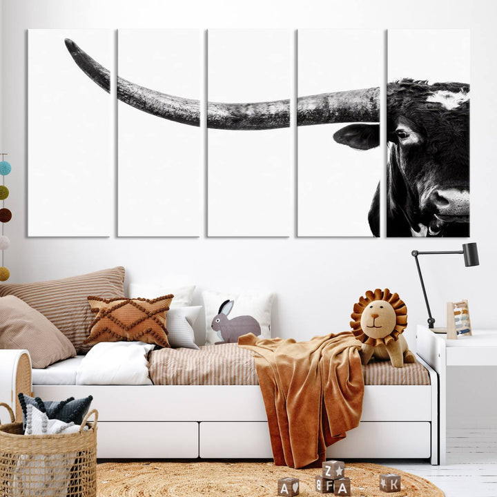 Texas Cow Longhorn Canvas Wall Art Print - Large Cow Longhorn Bull Wall Art Print for Living Room, Western Decor, and Rustic Farmhouse Style