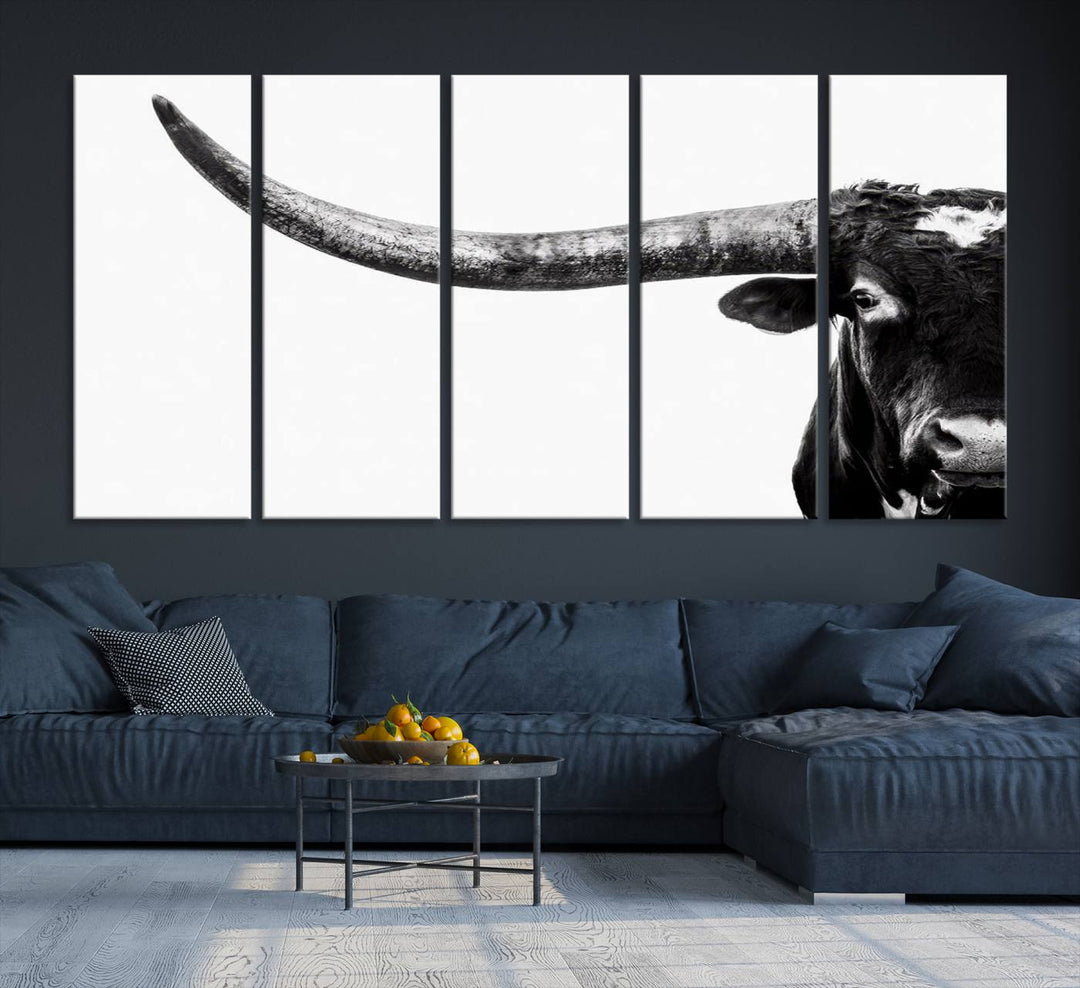 Texas Cow Longhorn Canvas Wall Art Print - Large Cow Longhorn Bull Wall Art Print for Living Room, Western Decor, and Rustic Farmhouse Style