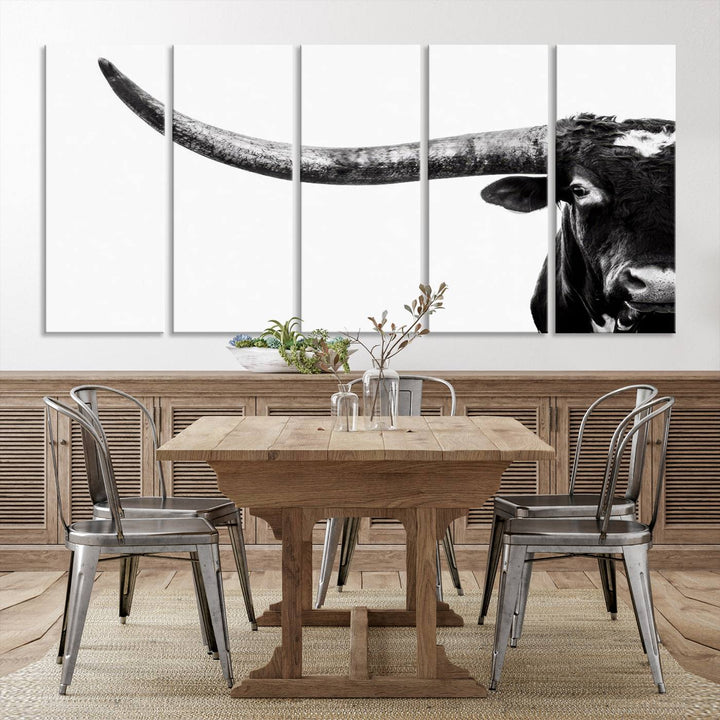 Texas Cow Longhorn Canvas Wall Art Print - Large Cow Longhorn Bull Wall Art Print for Living Room, Western Decor, and Rustic Farmhouse Style