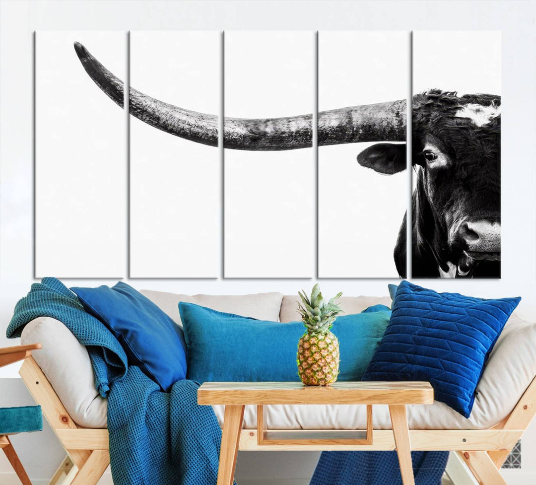 Texas Cow Longhorn Canvas Wall Art Print - Large Cow Longhorn Bull Wall Art Print for Living Room, Western Decor, and Rustic Farmhouse Style