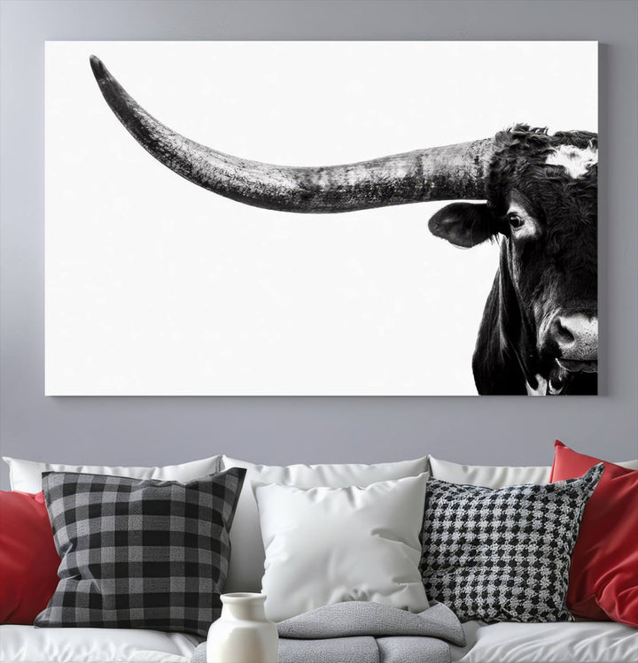 Texas Cow Longhorn Canvas Wall Art Print - Large Cow Longhorn Bull Wall Art Print for Living Room, Western Decor, and Rustic Farmhouse Style