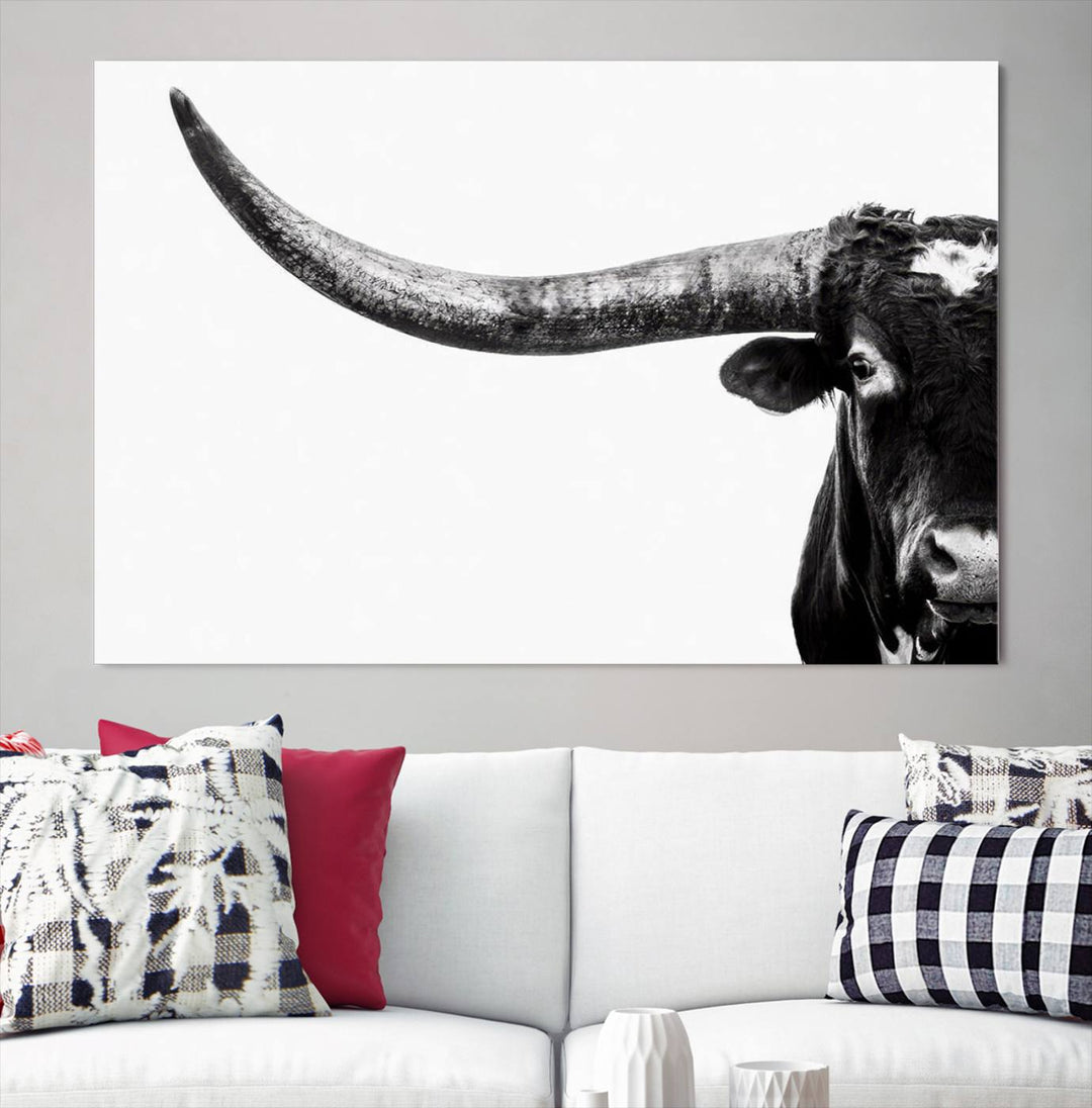 Texas Cow Longhorn Canvas Wall Art Print - Large Cow Longhorn Bull Wall Art Print for Living Room, Western Decor, and Rustic Farmhouse Style