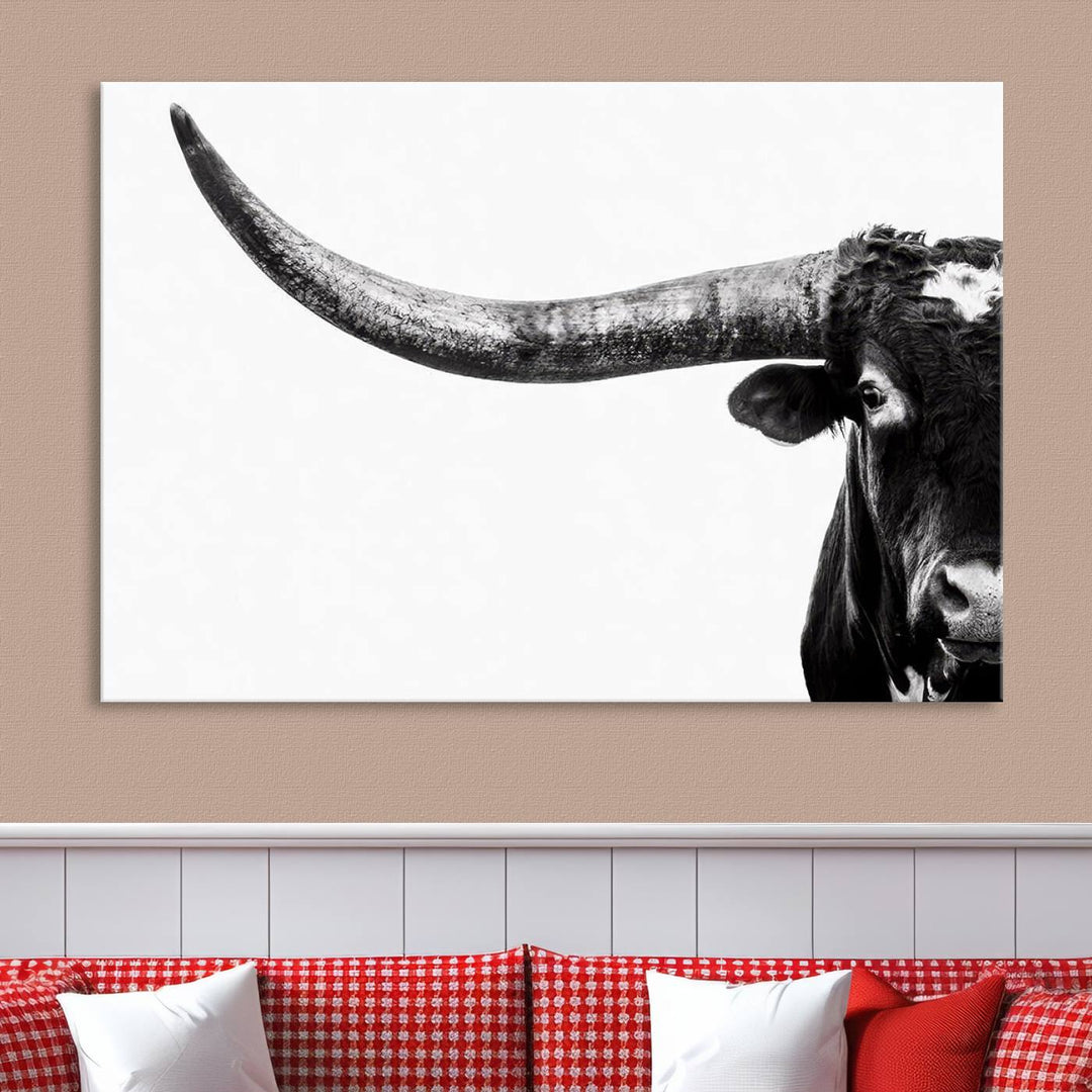 Texas Cow Longhorn Canvas Wall Art Print - Large Cow Longhorn Bull Wall Art Print for Living Room, Western Decor, and Rustic Farmhouse Style