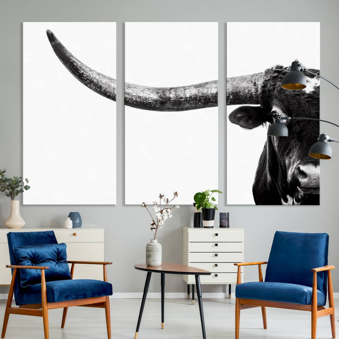 Texas Cow Longhorn Canvas Wall Art Print - Large Cow Longhorn Bull Wall Art Print for Living Room, Western Decor, and Rustic Farmhouse Style