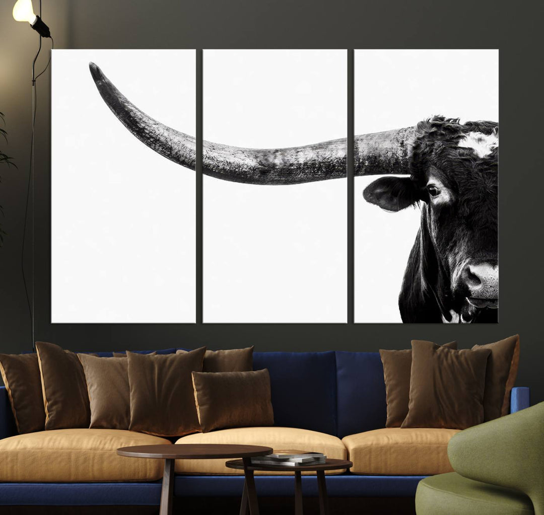 Texas Cow Longhorn Canvas Wall Art Print - Large Cow Longhorn Bull Wall Art Print for Living Room, Western Decor, and Rustic Farmhouse Style