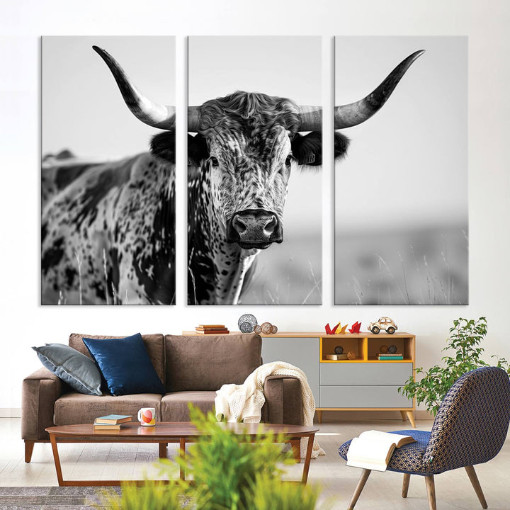 Texas Cow Longhorn Wall Art Canvas Print for Farm House Wall Decor, Farmhouse Wall Art Print