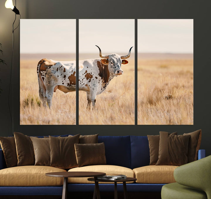 Texas Cow Longhorn Wall Art Canvas Print for Farm House Wall Decor, Farmhouse Wall Art Print