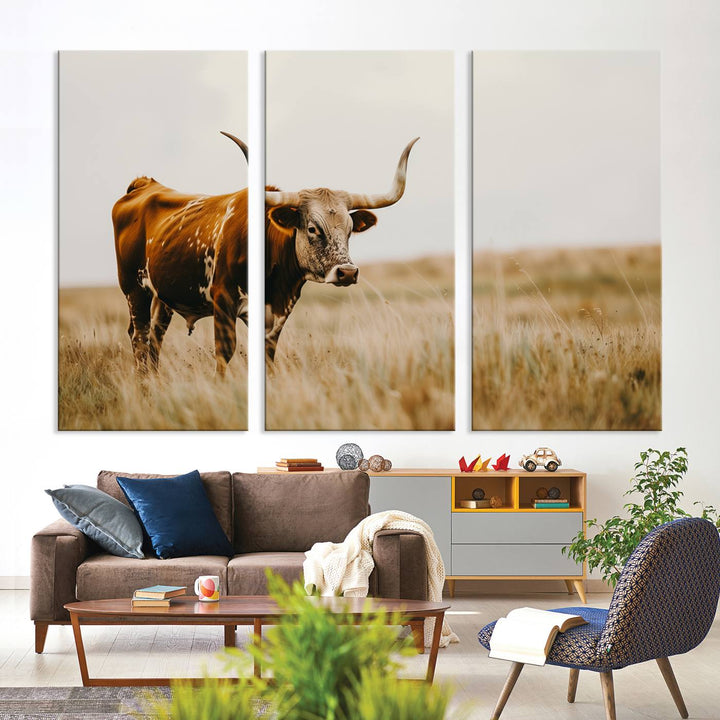 Texas Cow Longhorn Wall Art Canvas Print for Farm House Wall Decor, Farmhouse Wall Art Print