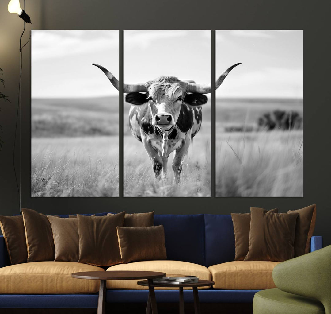 Texas Cow Longhorn Wall Art Canvas Print for Farm House Wall Decor, Farmhouse Wall Art Print